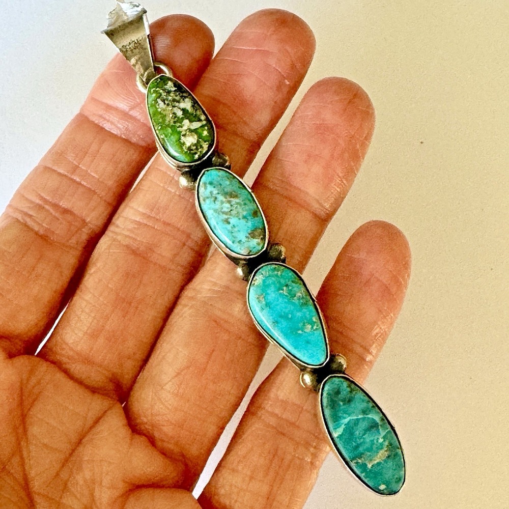 Long Navajo Multi Turquoise Pendant 3.75in Sonoran Gold Sterling Signed T3 Tia